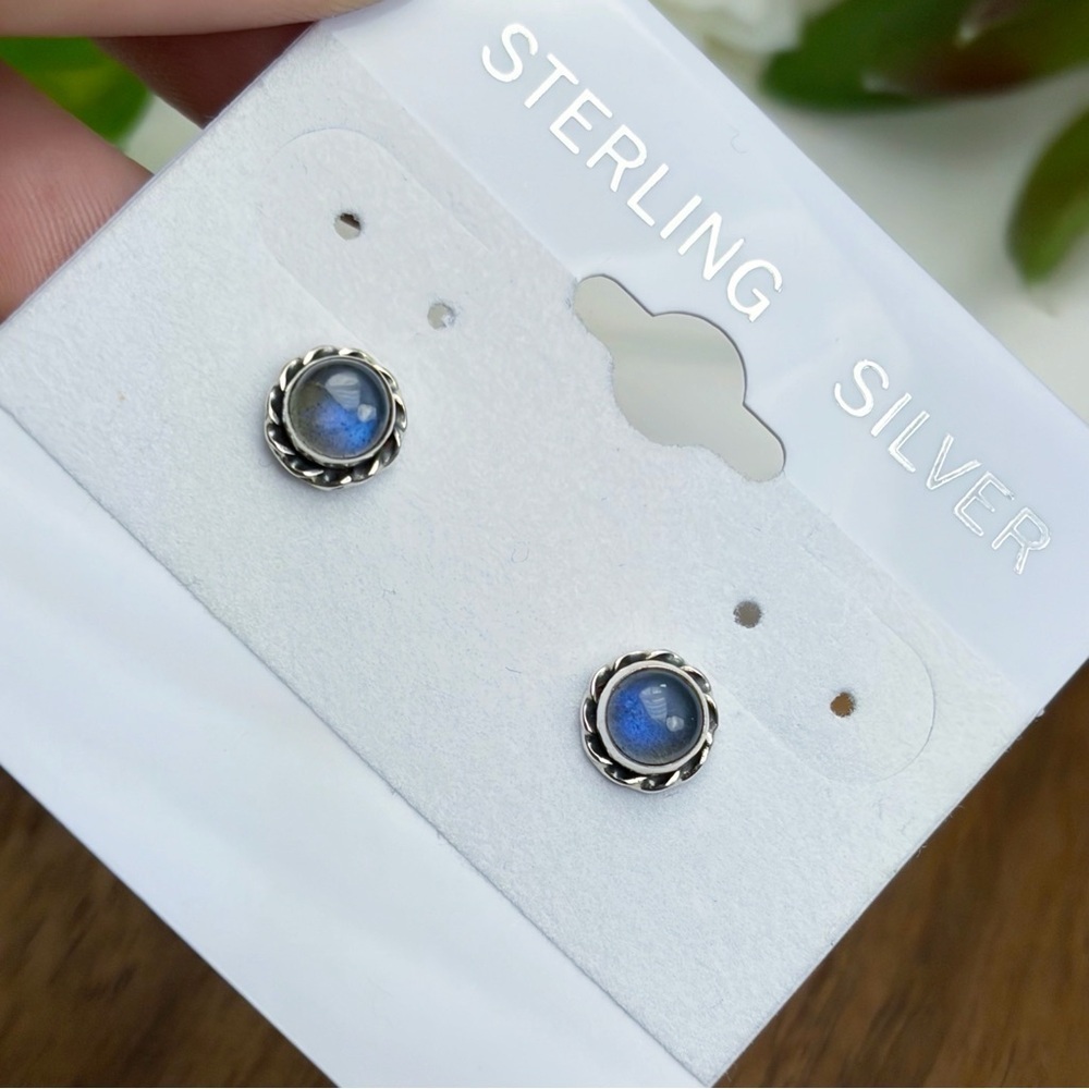 Dark Blue Flash Labradorite Stud Earrings Southwest Pure Sterling Silver 925 - Picture 3 of 10